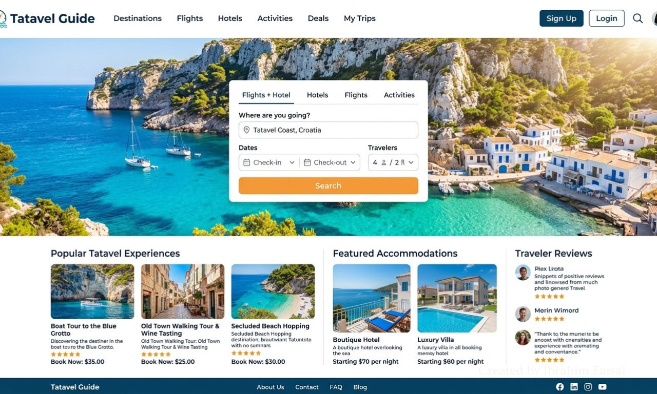 Tatavel travel booking platform homepage on a laptop screen.