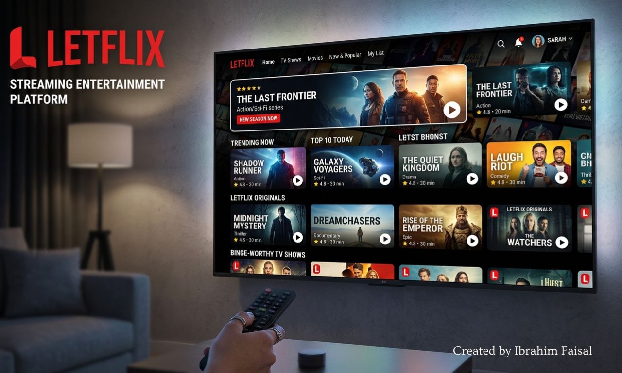Letflix streaming platform interface with movies and TV shows